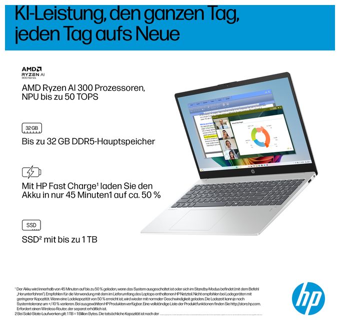 Full HD Notebook 39,6 cm (15.6 Zoll) 1920 x 1080 Pixel 1 TB SSD Windows 11 Home AMD Ryzen 5 max. 4,5 GHz  OmniBook 3 15-fn0653ng (Silber) 