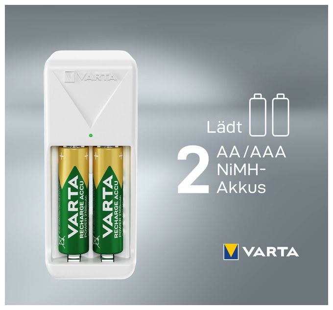 Akku Ladegerät, inkl. 2X AA 2100mAh, Batterieladegerät für wiederaufladbare Batterien, lädt 2 AA/AAA gleichzeitig, Mini Charger, weiß 