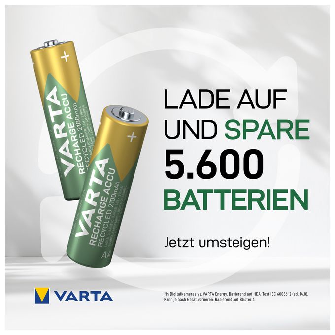 Recharge Accu Recycled AA 2100 mAh 4er-Pack (vorbeladener NiMH-Akku, Mignon, 25 % recyceltes Material, wiederaufladbarer Akku, sofort einsatzbereit) 