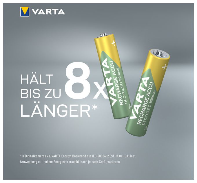 Recharge Accu Recycled AAA 800 mAh 2er-Pack (vorgeladener NiMH-Akku, Micro, 25 % recyceltes Material, wiederaufladbarer Akku, sofort einsatzbereit) 