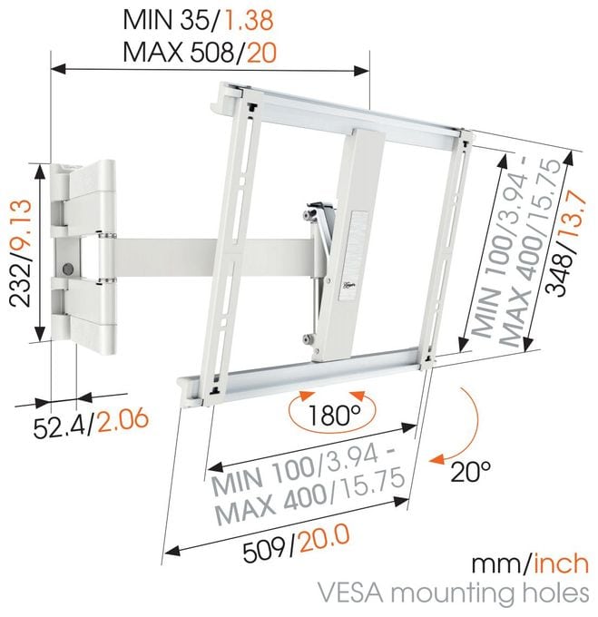 Wand Halterung 180° bis 139,7 cm (55") 18 kg 0 - 20° Thin 445 