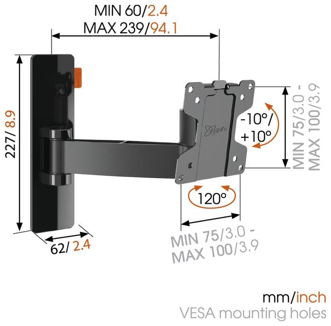 Wand Halterung 120° bis 66 cm (26") 15 kg 0 - 20° Wall 2025B 
