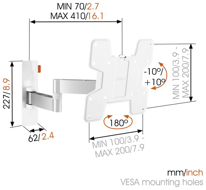 Wand Halterung 180° bis 101,6 cm (40") 15 kg -10 - 10° Wall 2145W 