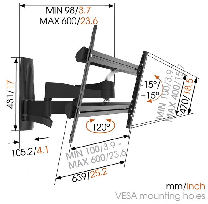 Wand Halterung 120° bis 165,1 cm (65") 45 kg 0 - 15° Wall 2350 