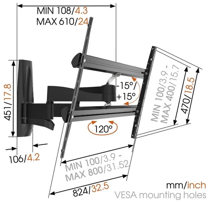 Wand Halterung 120° bis 2,54 m (100") 55 kg 0 - 15° Wall 2450 