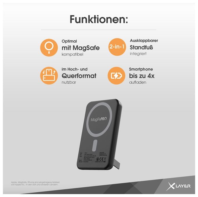 10000 mAh Powerbank USB Typ-C Kabelloses Laden  MagFix Pro 2 (Schwarz) 