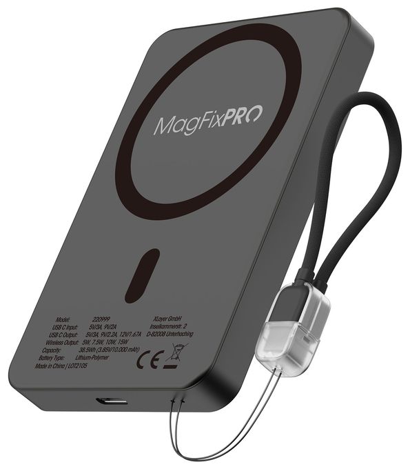 1000 mAh Powerbank USB Typ-C Kabelloses Laden  MagFix Pro (Schwarz) 