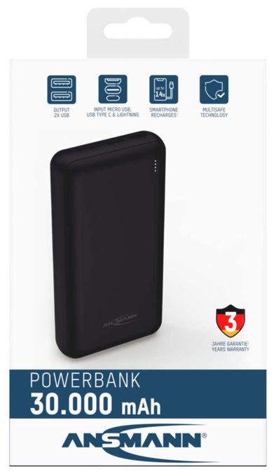30000 mAh Powerbank Lightning + USB Type-C + Micro-USB  PB212 (Schwarz) 