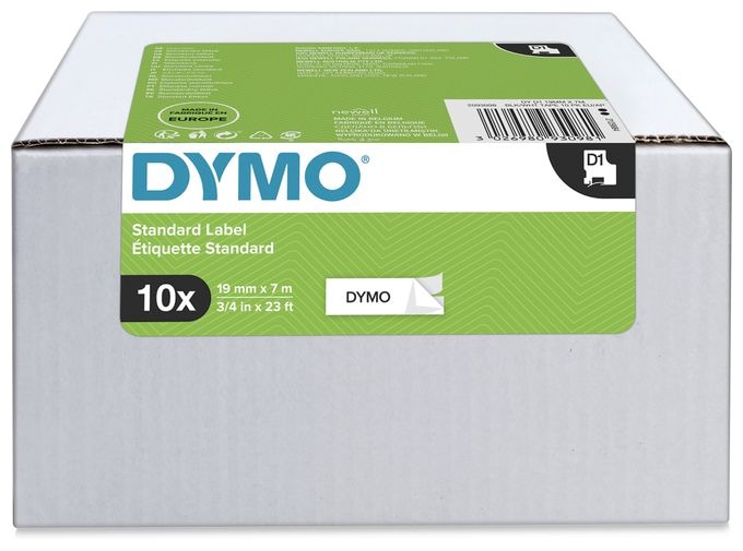 DYMO Original D1-Etikettenband | schwarz auf weiß | 19 mm x 7 m | selbstklebendes Schriftband | für LabelManager-Beschriftungsgerät | 10 D1 Etikettenkassetten 