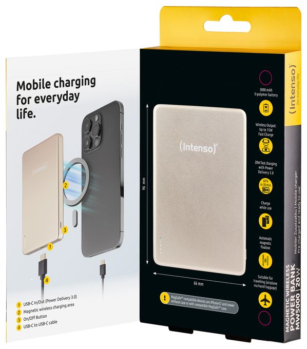 MW5000 Magnetische Powerbank 5000 mAh – MagSafe kompatibel, Wireless Charging 15W, USB-C PD 20W, Flach & Kompakt – Geprüft in Deutschland – Champagner 