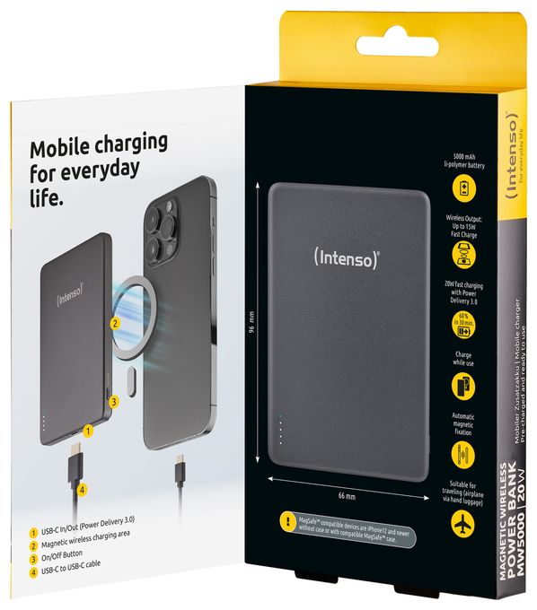 MW5000 Magnetische Powerbank 5000 mAh – MagSafe kompatibel, Wireless Charging 15W, USB-C PD 20W, Flach & Kompakt – Geprüft in Deutschland – Grau 