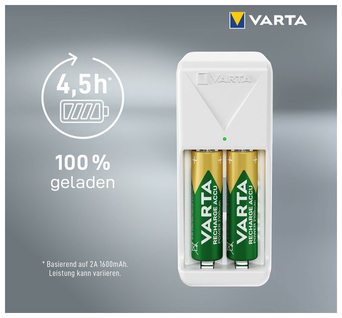 Akku Ladegerät, inkl. 2X AA 2100mAh, Batterieladegerät für wiederaufladbare Batterien, lädt 2 AA/AAA gleichzeitig, Mini Charger, weiß 