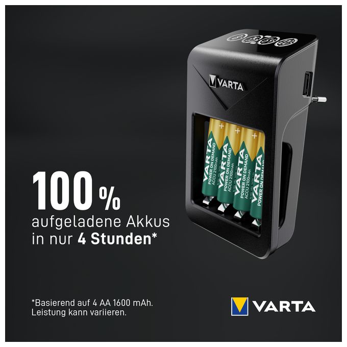 Akku Ladegerät, inkl. 4X AA 2100mAh, Batterieladegerät für wiederaufladbare AA/AAA/9V und USB Geräte, LCD Plug Charger+, Einzelschachtladung 