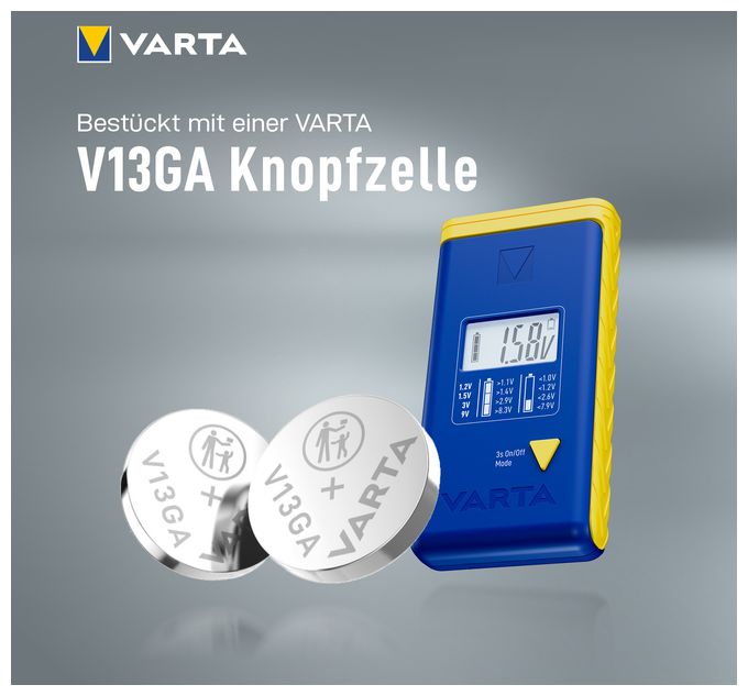 Batterietester LCD Digital für Batterien, Akkus und Knopfzellen, Testgerät für alle wichtigen Batteriegrößen (AA, AAA, C, D, 9V) inkl. 2x V13GA (LR44) 