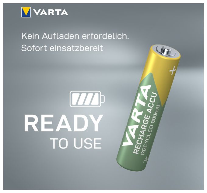 Recharge Accu Recycled AAA 800 mAh 4er-Pack (vorgeladener NiMH-Akku, Micro, 25 % recyceltes Material, wiederaufladbarer Akku, sofort einsatzbereit) 