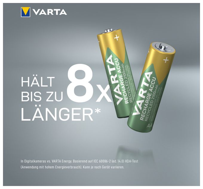 Recharge Accu Recycled AA 2100 mAh 4er-Pack (vorbeladener NiMH-Akku, Mignon, 25 % recyceltes Material, wiederaufladbarer Akku, sofort einsatzbereit) 