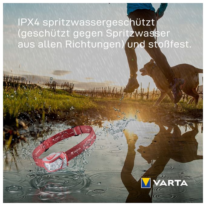 Stirnlampe LED inkl. 3x AAA Batterien Kopflampe, Outdoor Sports H20 Pro, drei Leuchtmodi, spritzwassergeschützt, Dimmfunktion, mit schwenkbarem Kopf, rot 