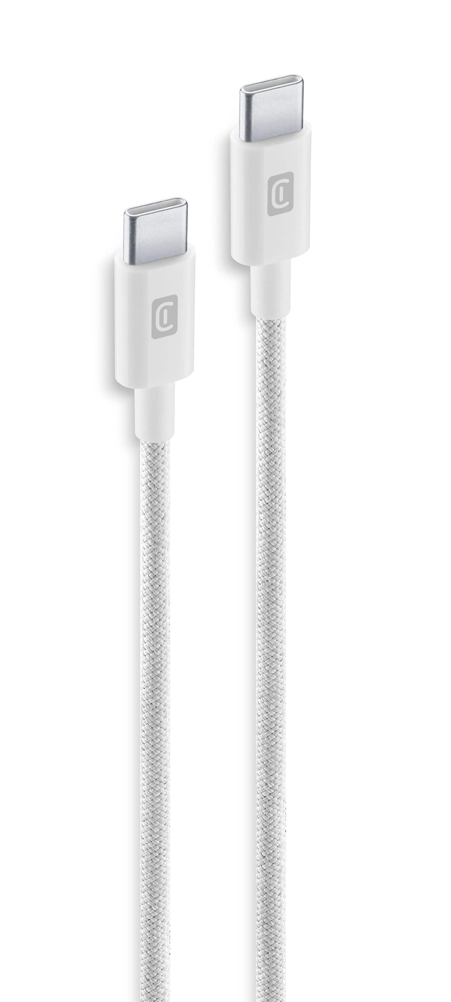 Cellular Line Rundkabel USB C auf USB C Männlich bis 60 W 1,5 m Braided Data Cable (Weiß) USBDATABRCTOC15W